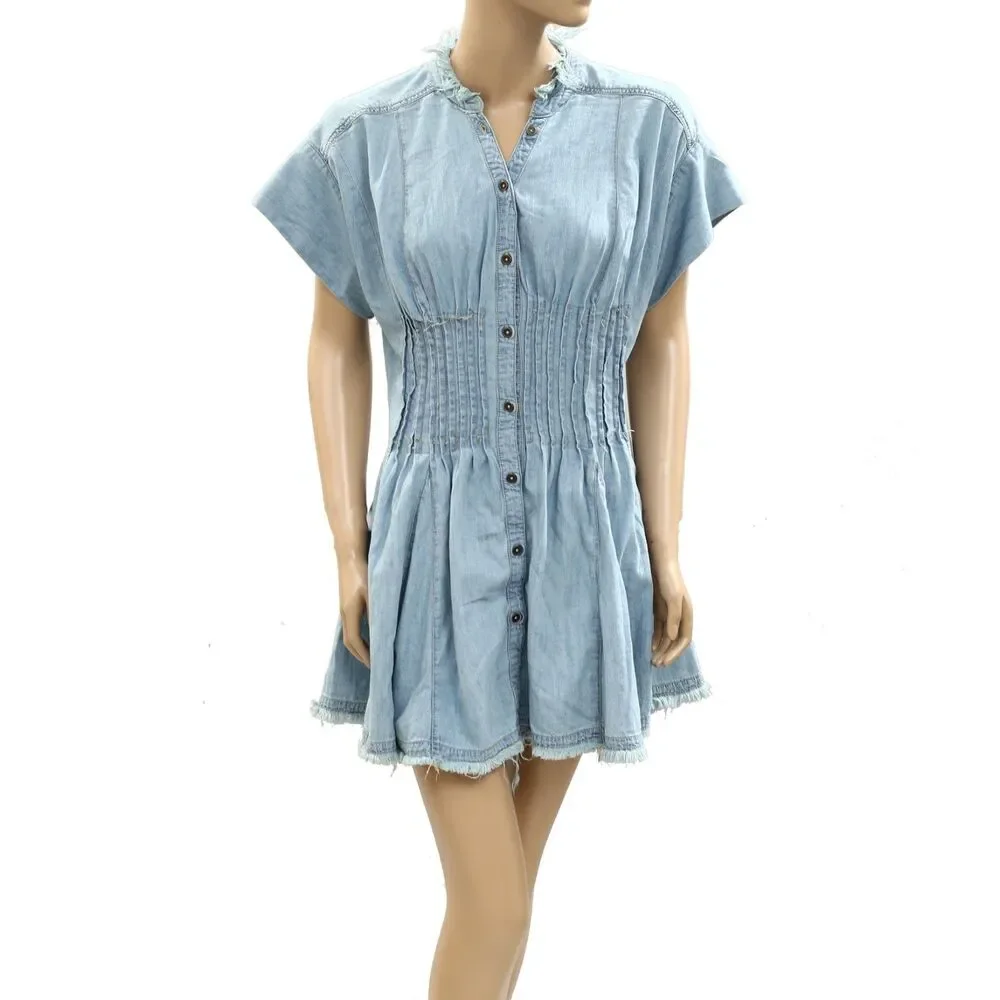 Anthropologie Pilcro Denim Light Shirred-Waist Buttondown Mini Dress S 285850